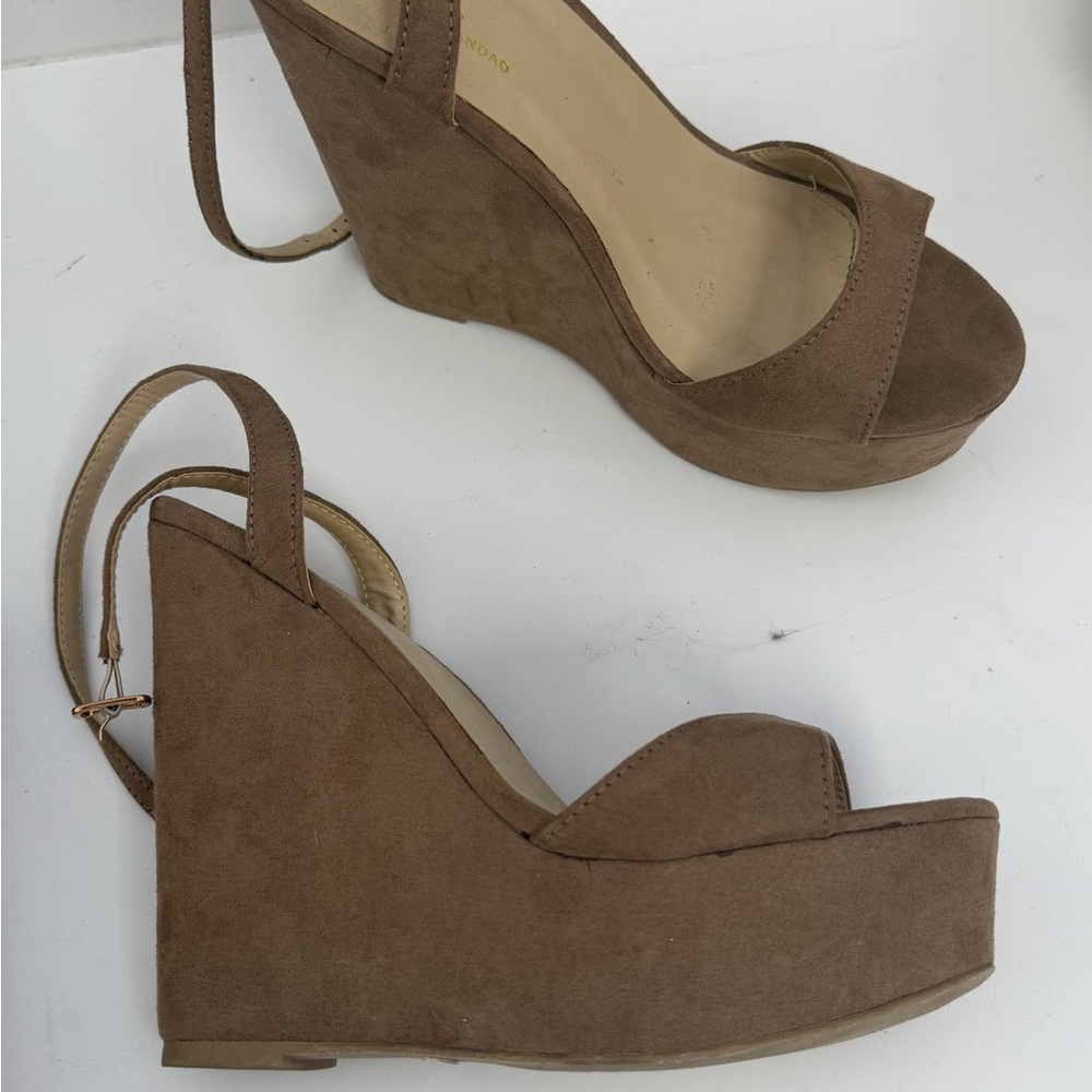 Ankle-Strap Suede Wedge Sandals in Brown - Picture 2 of 11